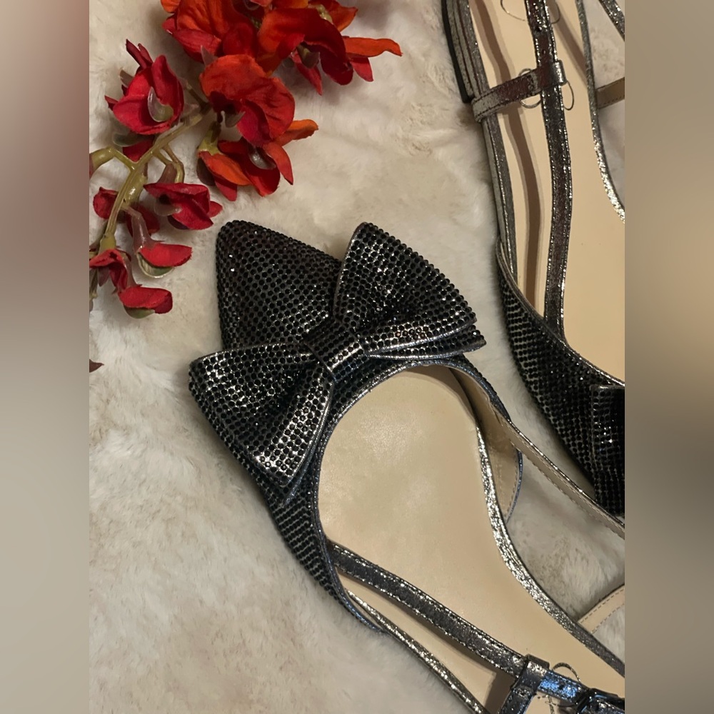 Jessica Simpson Silver Rhinestone Bow Slingback Flats - Size 8